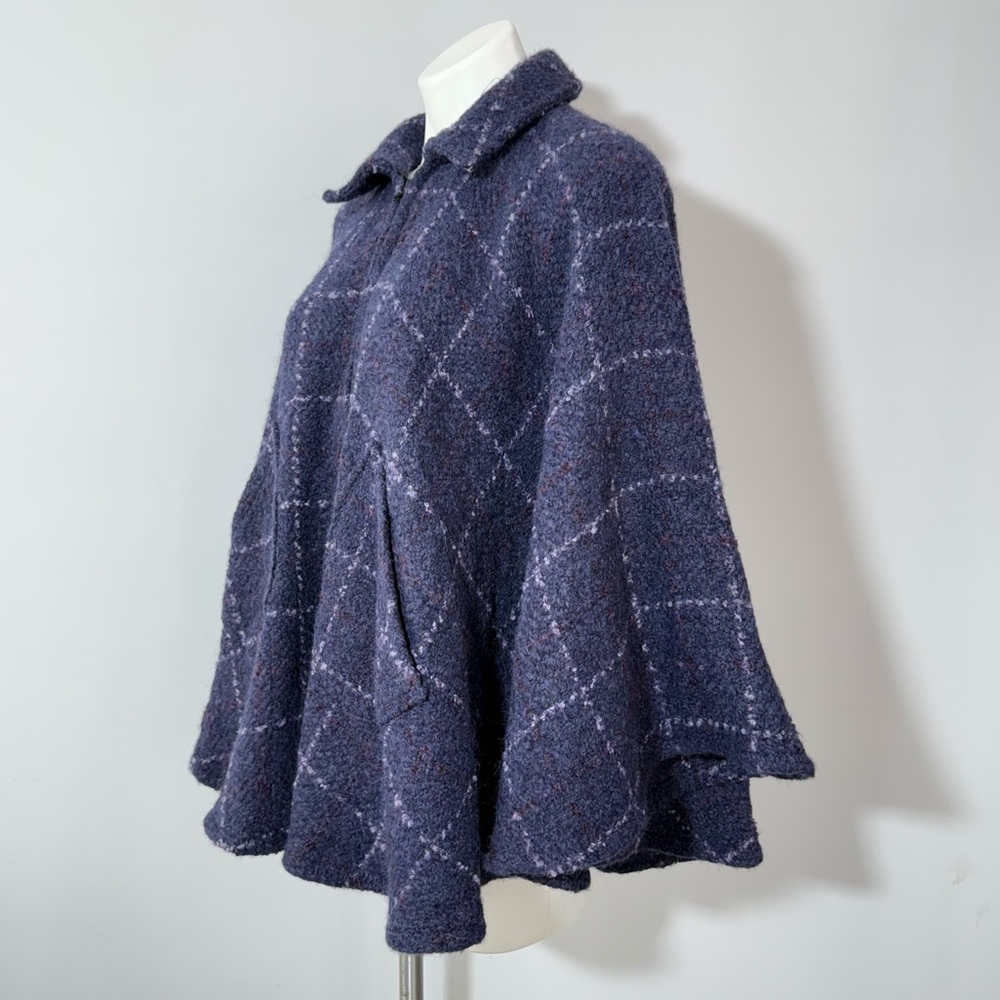 John Branigan Weavers Ireland Poncho Cape Jacket Blue Plaid Wool Tweed Boucle OS - Picture 6 of 16